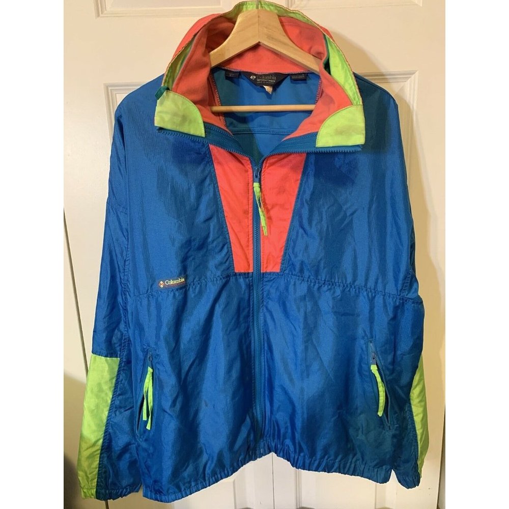 Vtg Columbia Men’s Sz L Radial Sleeve Zip Up Ski Jacket Neon Blue Green Orange‎